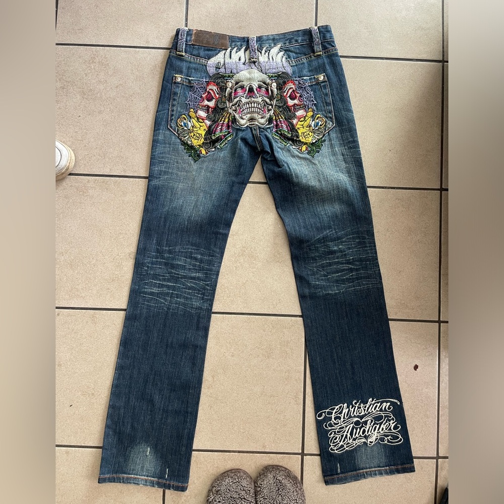Christian Audigier Ed Hardy embroidered skull jeans